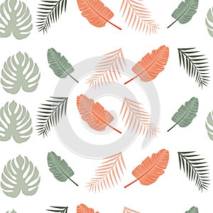 Tropical leaves seamless pattern. Exotic plants Philodendron Monstera and palm leaves