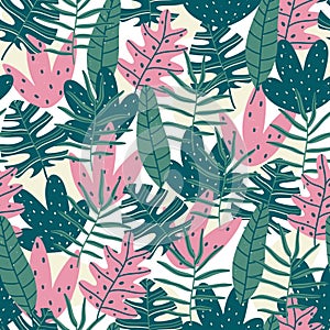 Tropical leaves seamless pattern with hand drawn colorful and textured elements isolated on white background. Scandinavian style