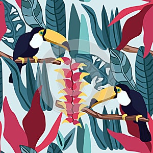 Tropical leaves seamless pattern with toucan.