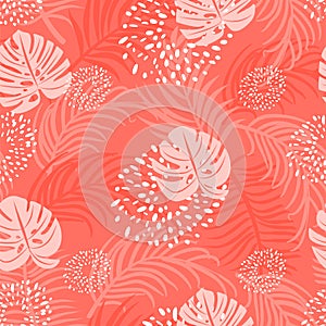 Tropical leaves seamless pattern.Trendy living coral color.