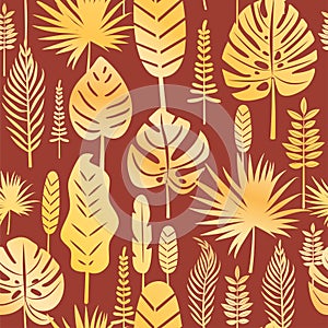 Tropical leaves seamless pattern. Tropical plants with golden texture. Safari style.