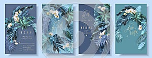 Tropical leaves turquoise and violet wedding cards