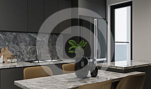 Tropical leaves in a vase on the dining table in the open kitchen, 3D rendering
