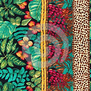 Tropical leaves and vibrant flowers are interlaced with leopard spots, crafting a lush, quilted jungle of rich