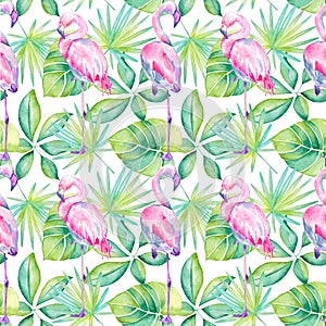 Tropical leaves watercolor seamless pattern with pink flamingo.