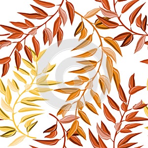 Tropical leaves. White background. Seamless pattern. Primitive drawing. For a different design. Brown and yellow tones.