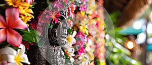 Tropical Lei Colorful Flower Garlands Draped On A Tiki Statue