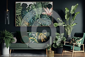 Tropical living room with green sofa and plants 3d rendering. Generative AI
