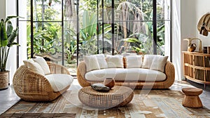 Tropical living room interior with rattan furniture and large window view of the garden