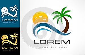 Tropical logo vector. Palm tree, wave, sun and bird.