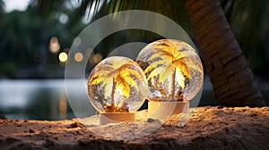 Tropical Luminescence: Illuminated Palms in Glass Orbs photo