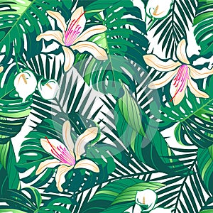 Tropical lush flowers seamless pattern on a white background