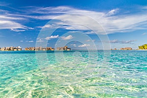 Tropical Maldives island with coconut palm tree, wooden bridge and water villa. Exotic landscape