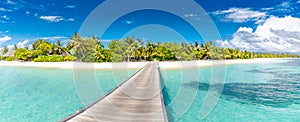 Beautiful tropical Maldives resort hotel island with beach and sea sand sky for holiday vacation background concept. Boost up co