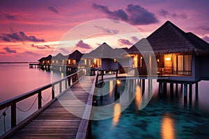 tropical Maldives island with few palm trees and blue lagoon, Water villas on Maldives resort island in sunset, AI Generated