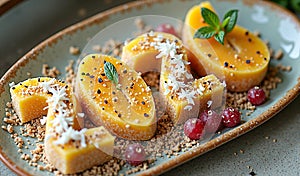 Tropical mango dessert with seeds, coconut, and berries garnish on plate
