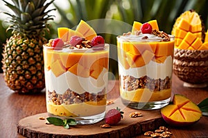 Tropical mango and pineapple fruit parfait, fancy ice cream yoghurt dessert