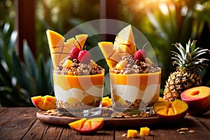 Tropical mango and pineapple fruit parfait, fancy ice cream yoghurt dessert