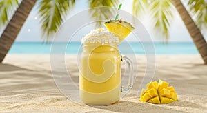 Tropical Mango Pineapple Smoothie on Beach