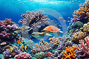 Tropical Marine Life  A Turtle s Journey Through a Colorful Coral Reef.AI Generated