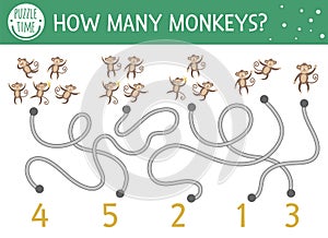 Tropical math maze for children with five little monkeys. Educational addition riddle. Funny nursery rhyme mathematic puzzle game