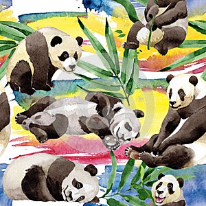 Tropical mix bamboo tree and panda pattern in a watercolor style.