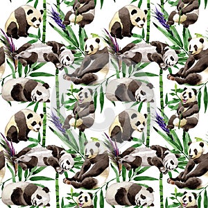 Tropical mix bamboo tree and panda pattern in a watercolor style.