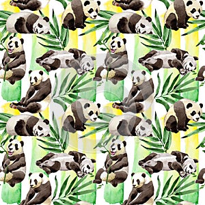 Tropical mix bamboo tree and panda pattern in a watercolor style.