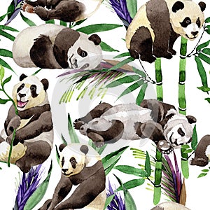 Tropical mix bamboo tree and panda pattern in a watercolor style.