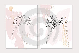 Tropical monstera leaf, flower on pastel pink stain, golden brush strokes background