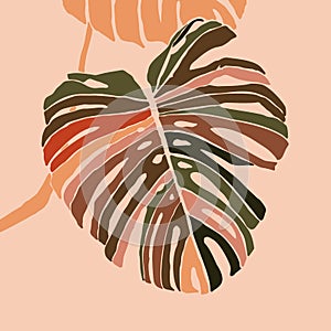 Tropical monstera leaves in a minimalist style. Silhouette of a plant in a contemporary style. Vector illustration