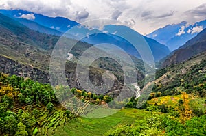 Tropical mountain landscape with fields in Nepal