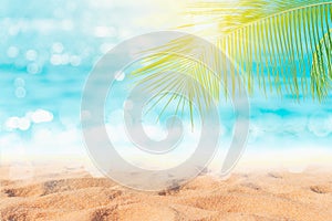 Tropical nature clean beach and white sand in summer with sun light blue sky and bokeh background