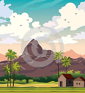 Tropical nature - mountains, hut, palm tree.