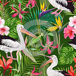 Tropical Nature Seamless Pattern with Pelicans and Flowers. Floral Background with Waterbirds for Fabric, Wallpaper