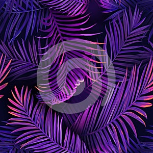 Tropical Neon Palm Leaves Seamless Pattern. Jungle Purple Colored Floral Background. Summer Exotic Botanical Foliage