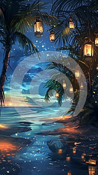 Tropical night beach scene with palm trees, lanterns, and moonlight reflecting on water