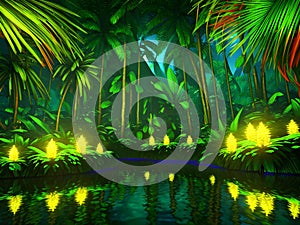 Tropical night forest with magic lights, Generative AI Illustration