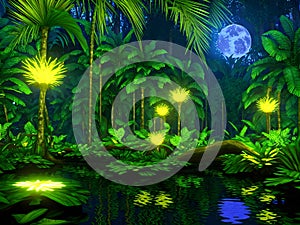 Tropical night forest with magic lights, Generative AI Illustration