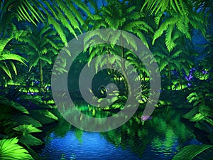 Tropical night forest with magic lights, Generative AI Illustration