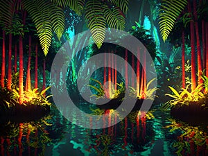 Tropical night forest with magic lights, Generative AI Illustration