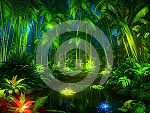 Tropical night forest with magic lights, Generative AI Illustration