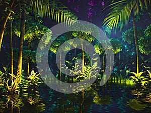 Tropical night forest with magic lights, Generative AI Illustration