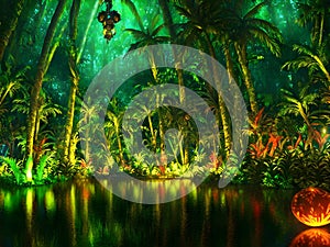 Tropical night forest with magic lights, Generative AI Illustration