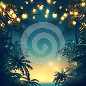 Tropical Night Summer Party Advertisement Background. Palm Trees, Light Bulb Garlands, and Spacious Text Area