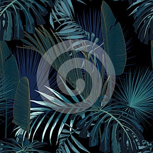 Tropical night vintage palm, banana, plant, golden leaves, floral seamless border black background.