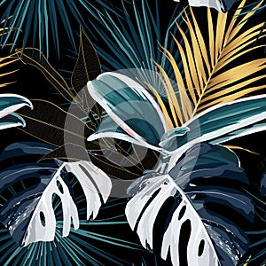 Tropical night vintage palm, banana, plant, golden leaves, floral seamless border black background.