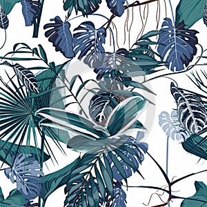 Tropical night vintage pattern, palm tree leaves and exotic plant seamless border on white background.