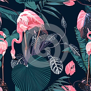 Tropical night vintage wild pink flamingo birds  pattern, palm tree, palm leaves and plant floral seamless border