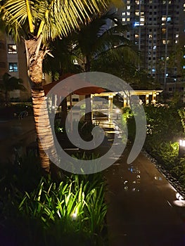 Tropical night walkway to pool